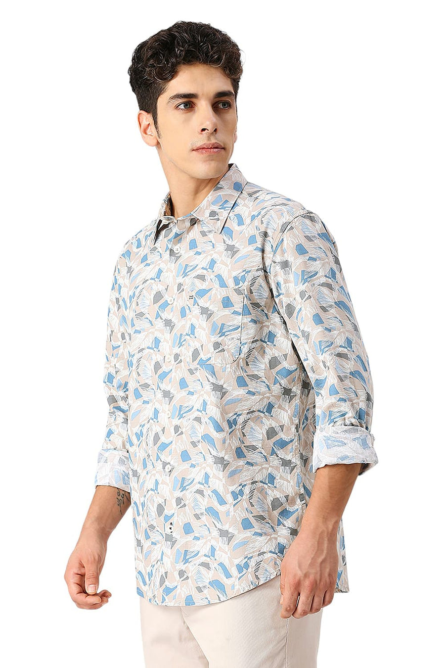BASICS SLIM FIT BROWN BRULEE COTTON SLUB PRINTED SHIRT