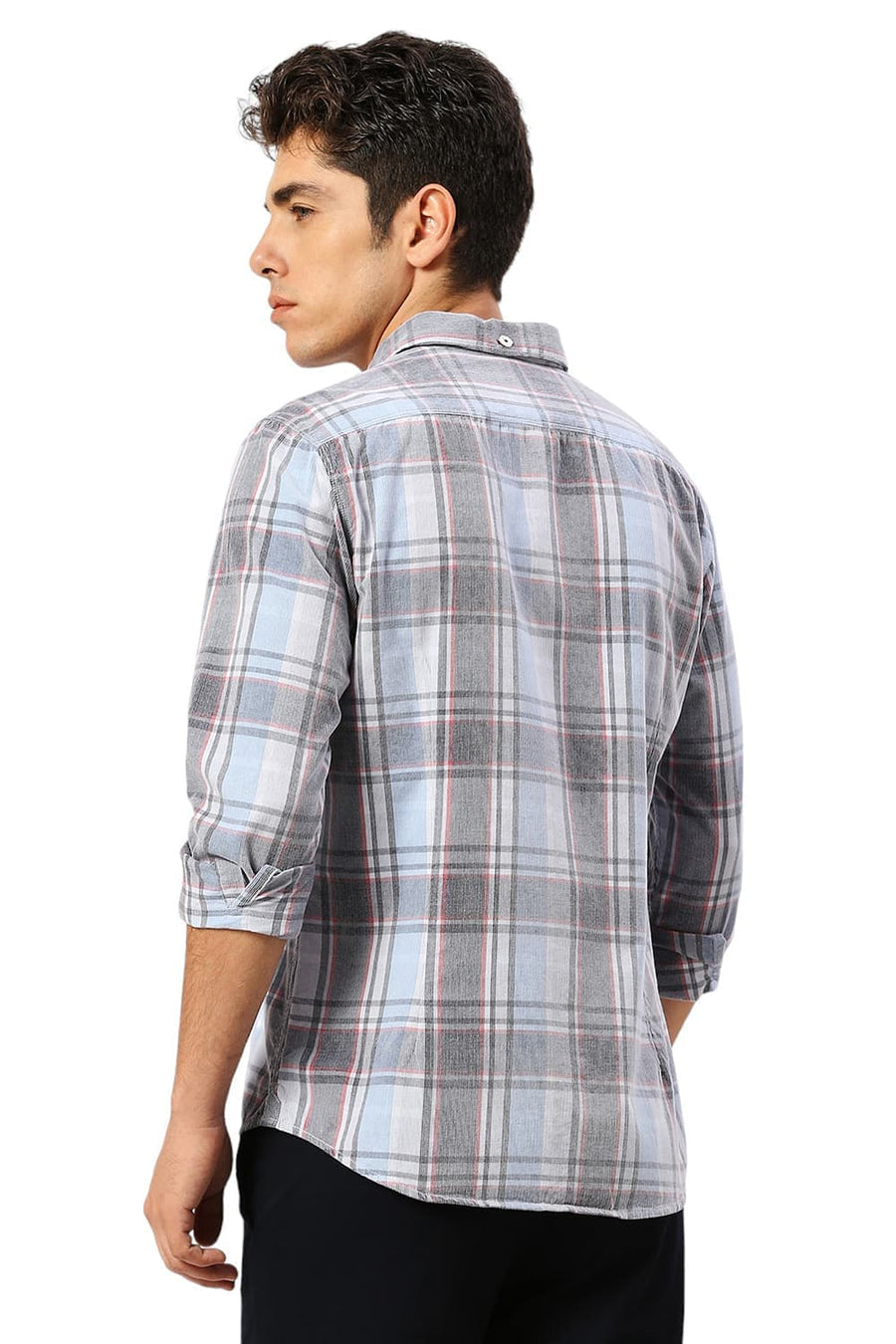 BASICS SLIM FIT ZEN BLUE COTTON CORDUORY CHECKS SHIRT