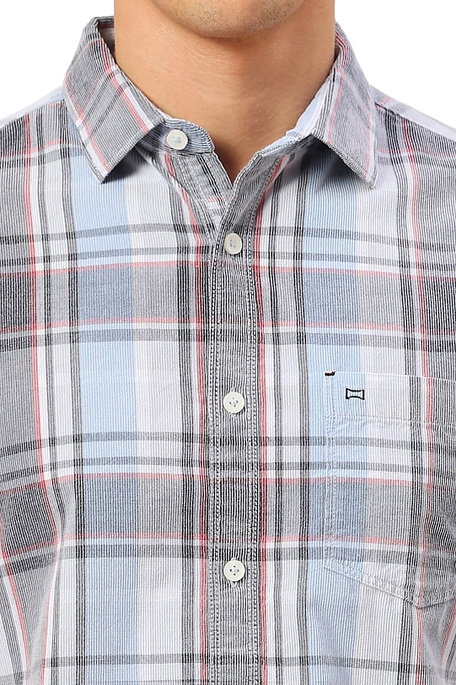 BASICS SLIM FIT ZEN BLUE COTTON CORDUORY CHECKS SHIRT