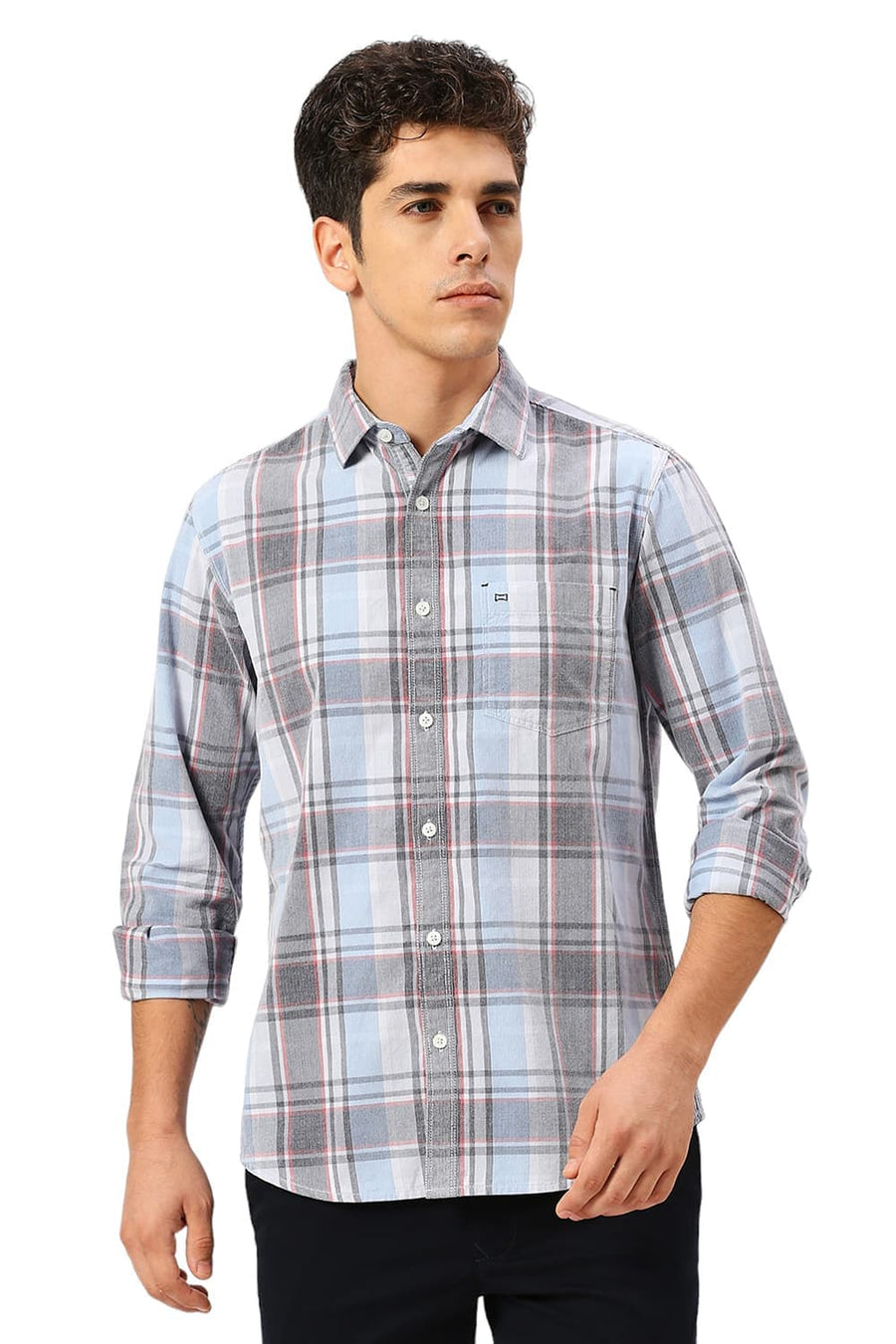 BASICS SLIM FIT ZEN BLUE COTTON CORDUORY CHECKS SHIRT