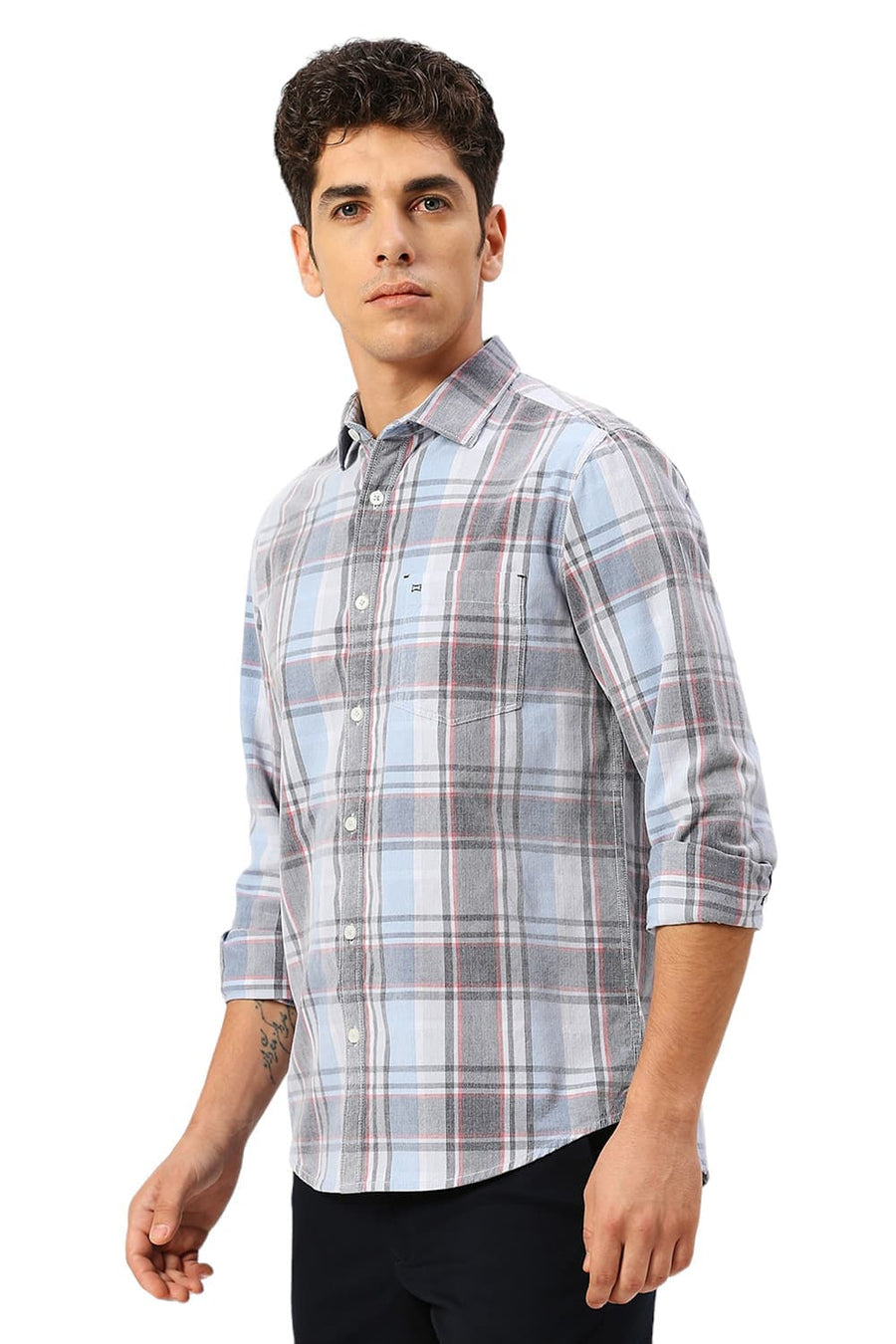 BASICS SLIM FIT ZEN BLUE COTTON CORDUORY CHECKS SHIRT