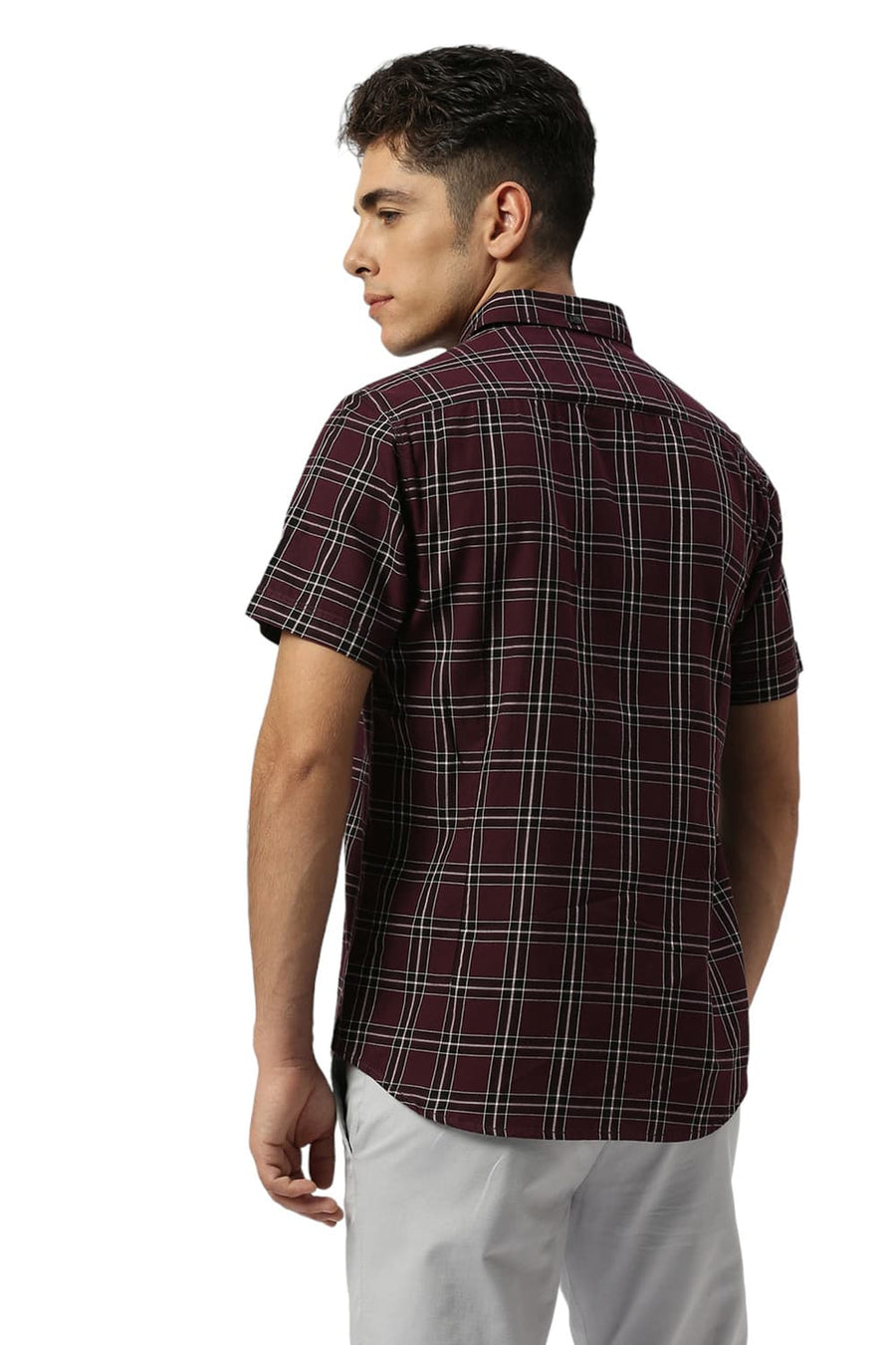 BASICS SLIM FIT PLUM PURPLE COTTON TWILL CHECKS HALFSLEEVES SHIRT