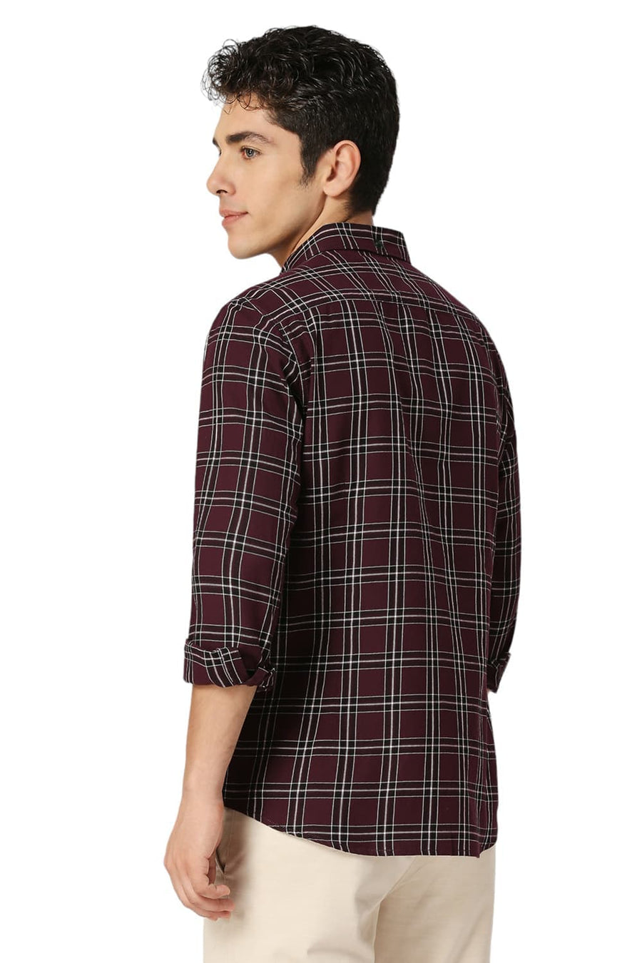 BASICS SLIM FIT PLUM PURPLE COTTON TWILL CHECKS SHIRT