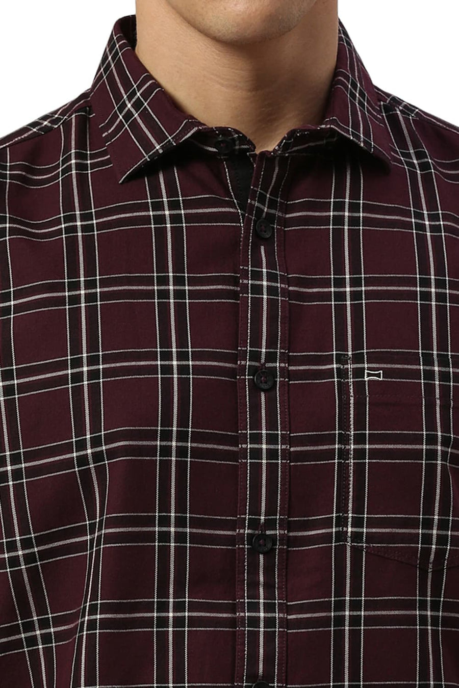 BASICS SLIM FIT PLUM PURPLE COTTON TWILL CHECKS HALFSLEEVES SHIRT