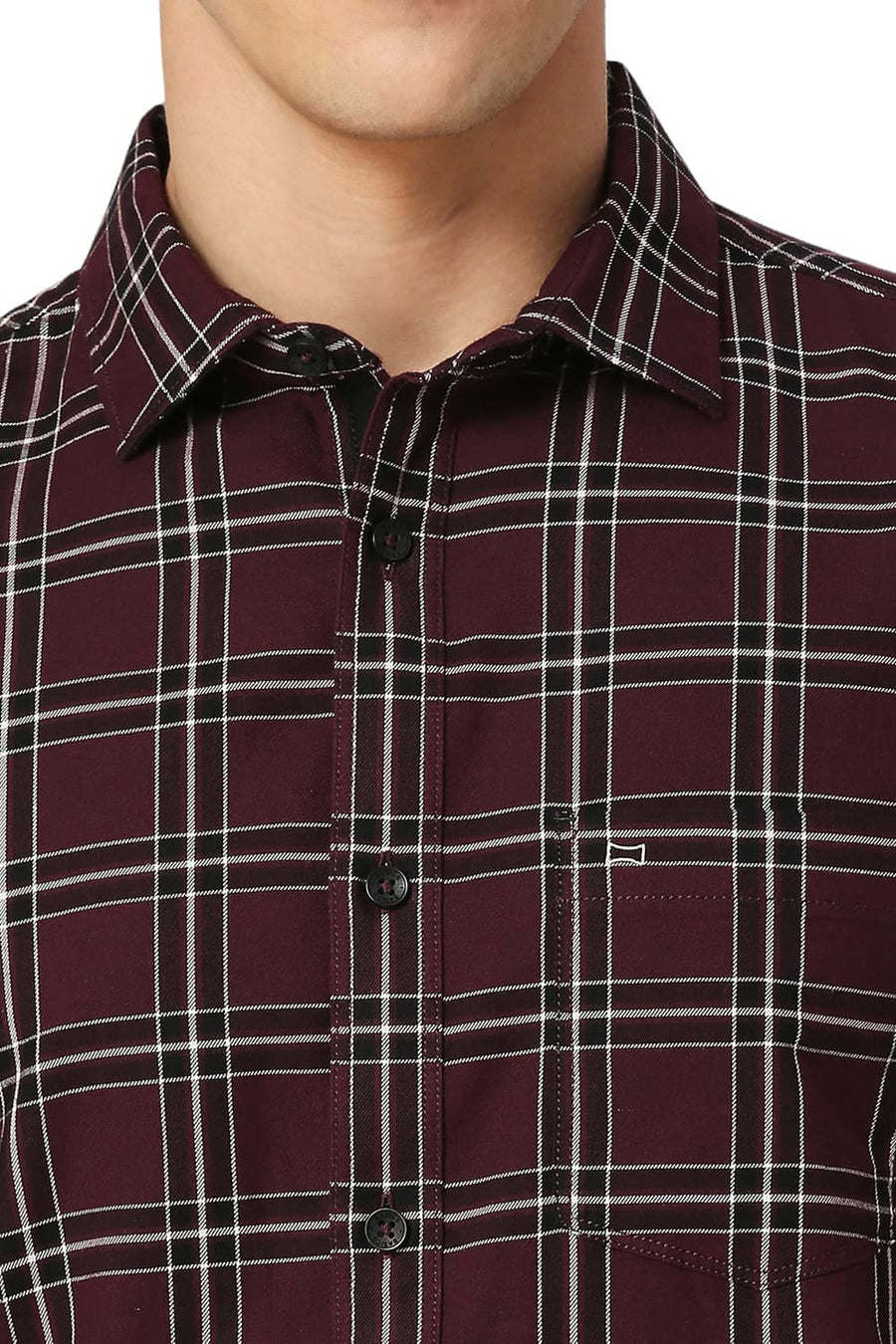 BASICS SLIM FIT PLUM PURPLE COTTON TWILL CHECKS SHIRT