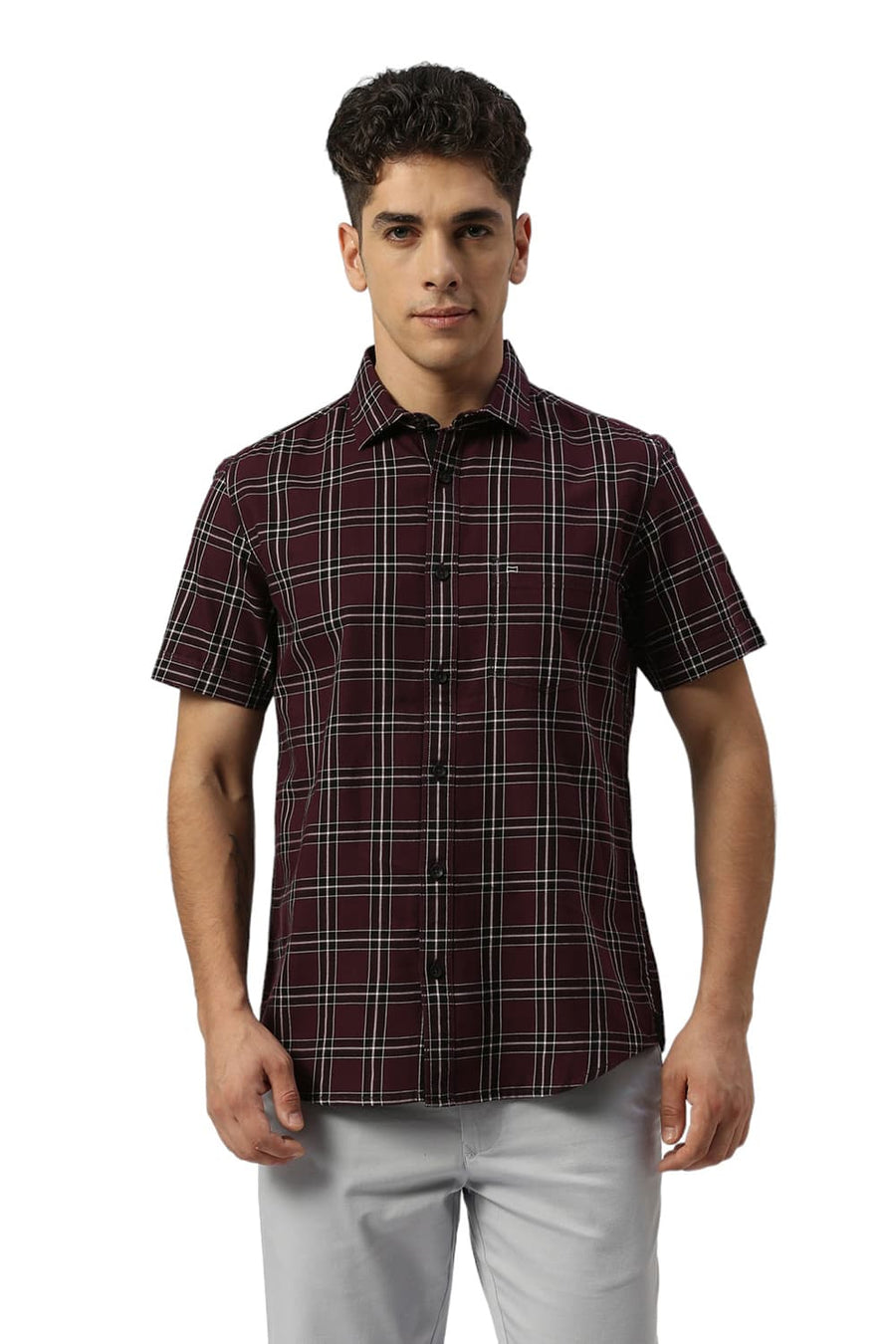 BASICS SLIM FIT PLUM PURPLE COTTON TWILL CHECKS HALFSLEEVES SHIRT