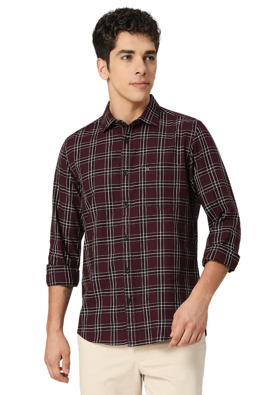 BASICS SLIM FIT PLUM PURPLE COTTON TWILL CHECKS SHIRT