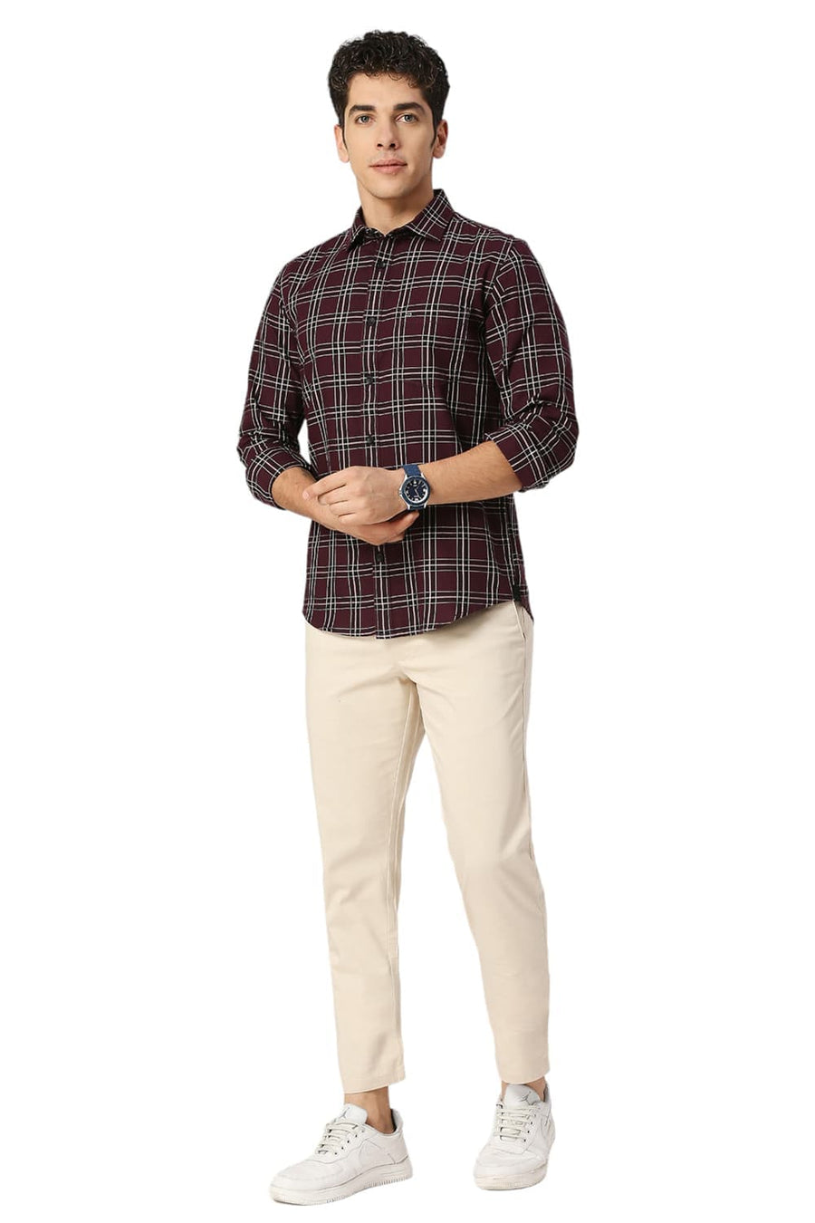 BASICS SLIM FIT PLUM PURPLE COTTON TWILL CHECKS SHIRT