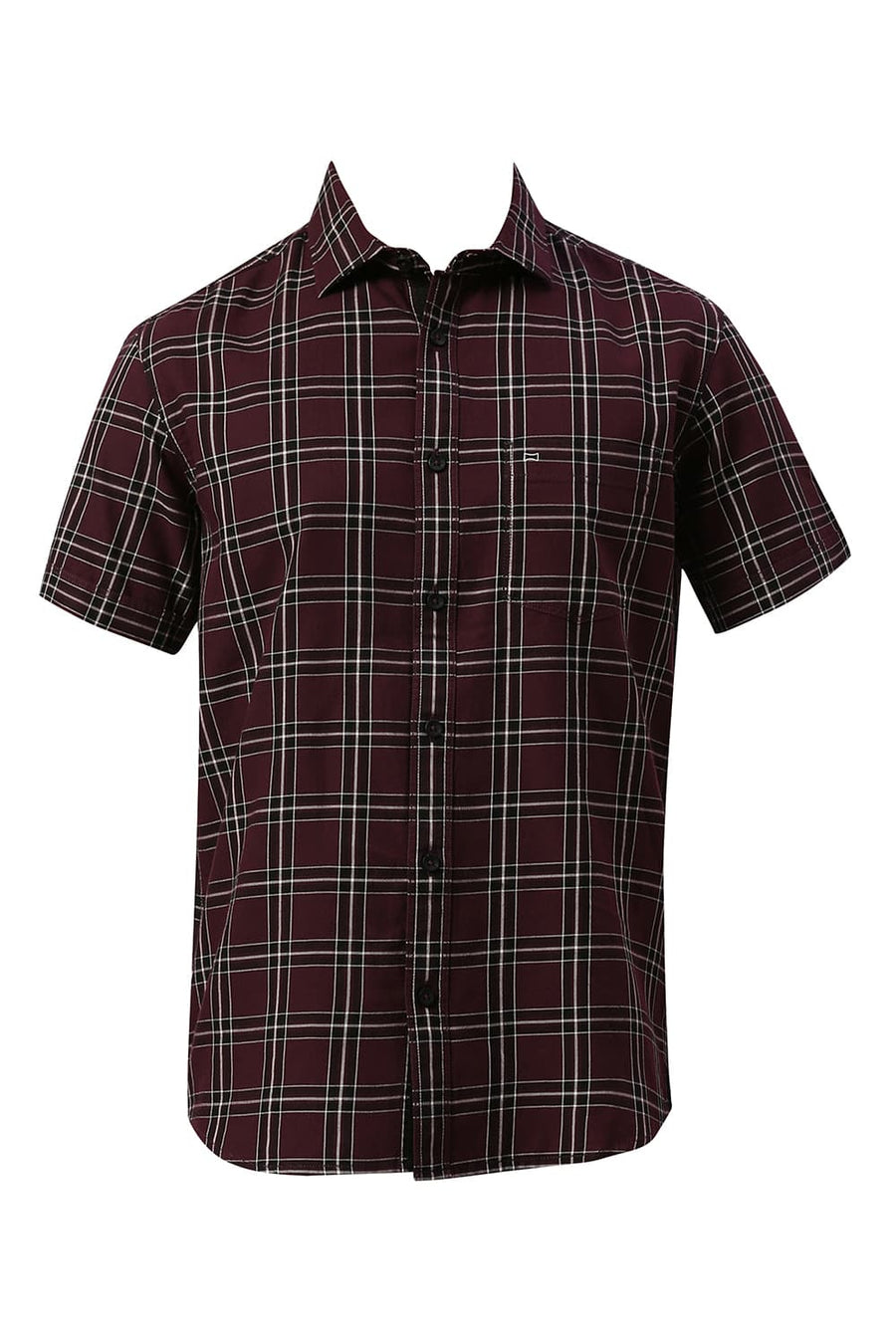 BASICS SLIM FIT PLUM PURPLE COTTON TWILL CHECKS HALFSLEEVES SHIRT