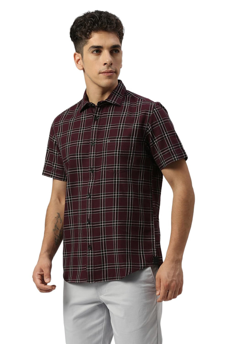 BASICS SLIM FIT PLUM PURPLE COTTON TWILL CHECKS HALFSLEEVES SHIRT