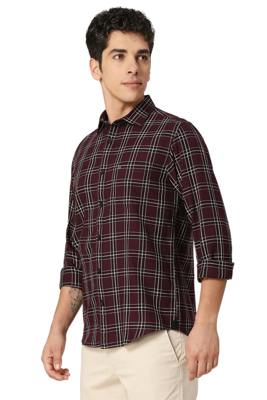 BASICS SLIM FIT PLUM PURPLE COTTON TWILL CHECKS SHIRT