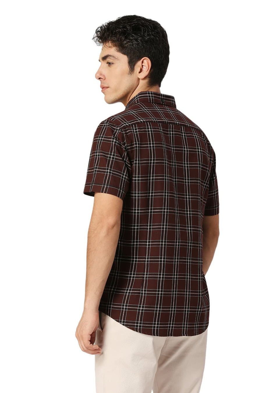 BASICS SLIM FIT MOHAGANY BROWN COTTON TWILL CHECKS HALFSLEEVES SHIRT