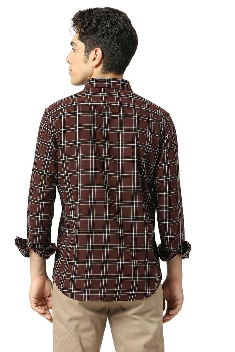 BASICS SLIM FIT MOHAGANY BROWN COTTON TWILL CHECKS SHIRT