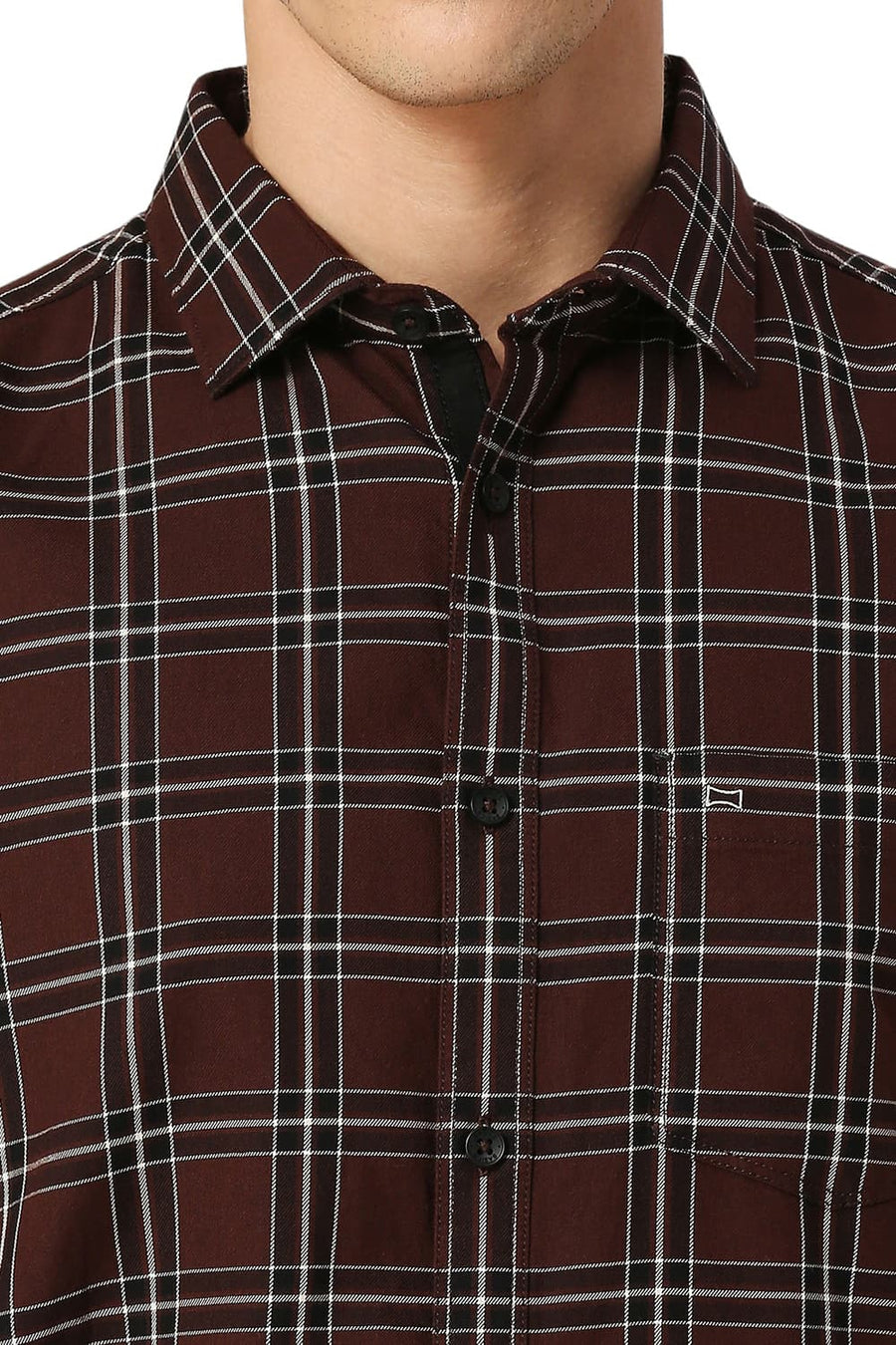 BASICS SLIM FIT MOHAGANY BROWN COTTON TWILL CHECKS HALFSLEEVES SHIRT