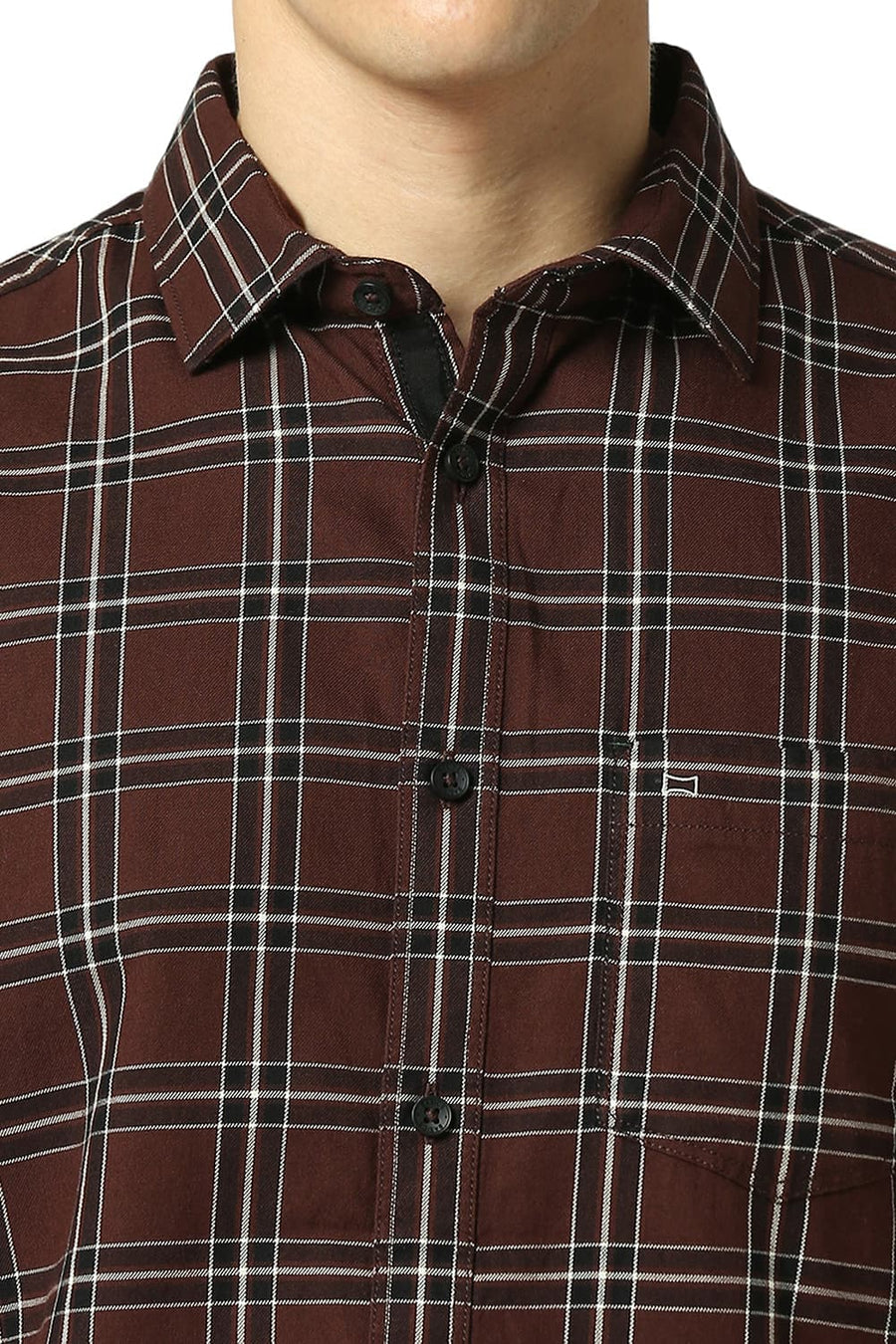 BASICS SLIM FIT MOHAGANY BROWN COTTON TWILL CHECKS SHIRT