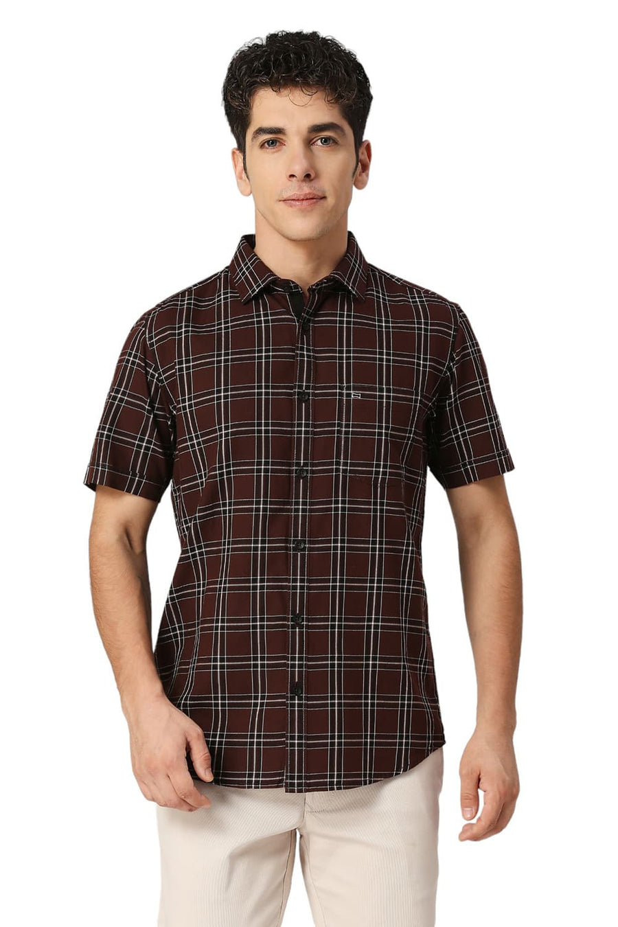 BASICS SLIM FIT MOHAGANY BROWN COTTON TWILL CHECKS HALFSLEEVES SHIRT