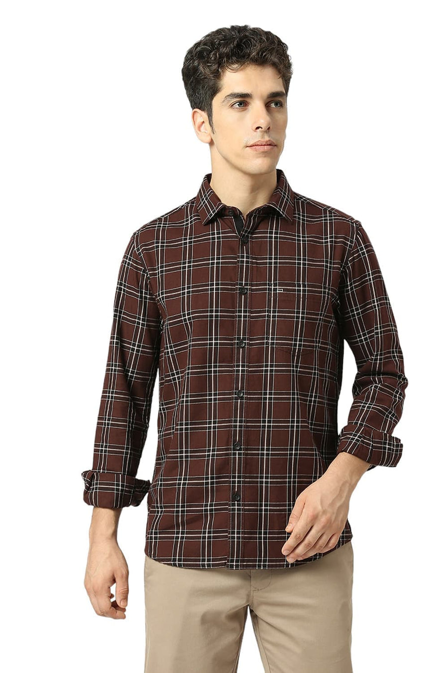 BASICS SLIM FIT MOHAGANY BROWN COTTON TWILL CHECKS SHIRT