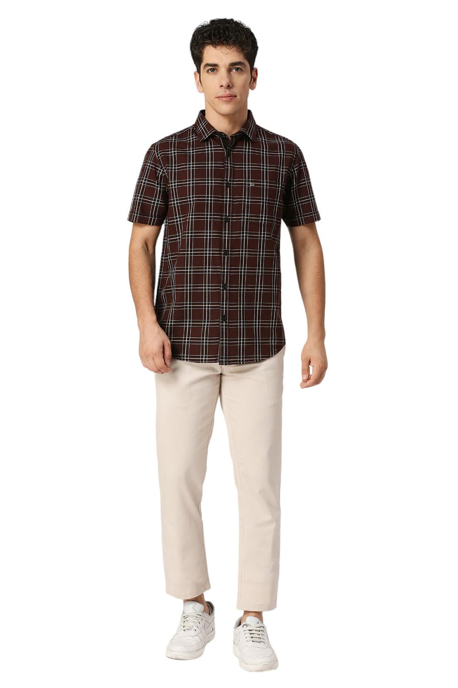 BASICS SLIM FIT MOHAGANY BROWN COTTON TWILL CHECKS HALFSLEEVES SHIRT