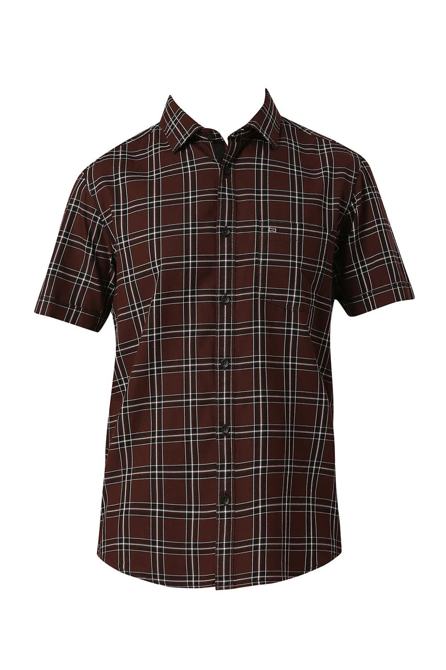 BASICS SLIM FIT MOHAGANY BROWN COTTON TWILL CHECKS HALFSLEEVES SHIRT