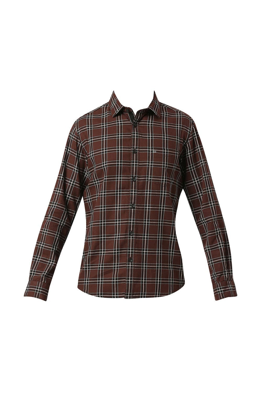 BASICS SLIM FIT MOHAGANY BROWN COTTON TWILL CHECKS SHIRT