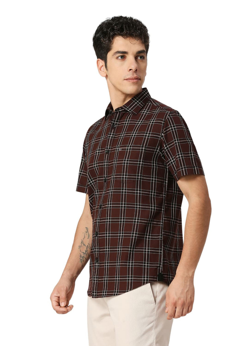 BASICS SLIM FIT MOHAGANY BROWN COTTON TWILL CHECKS HALFSLEEVES SHIRT