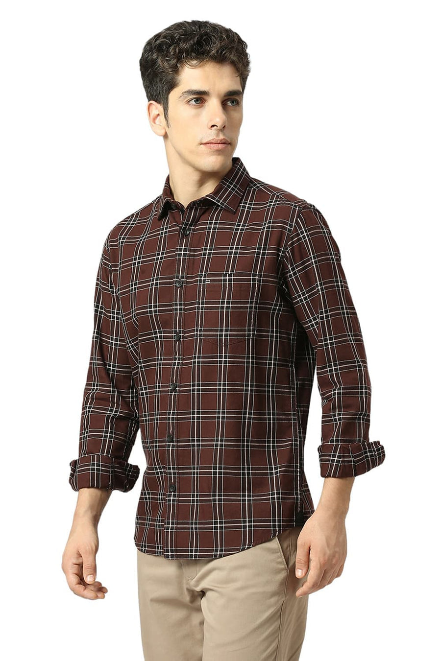 BASICS SLIM FIT MOHAGANY BROWN COTTON TWILL CHECKS SHIRT