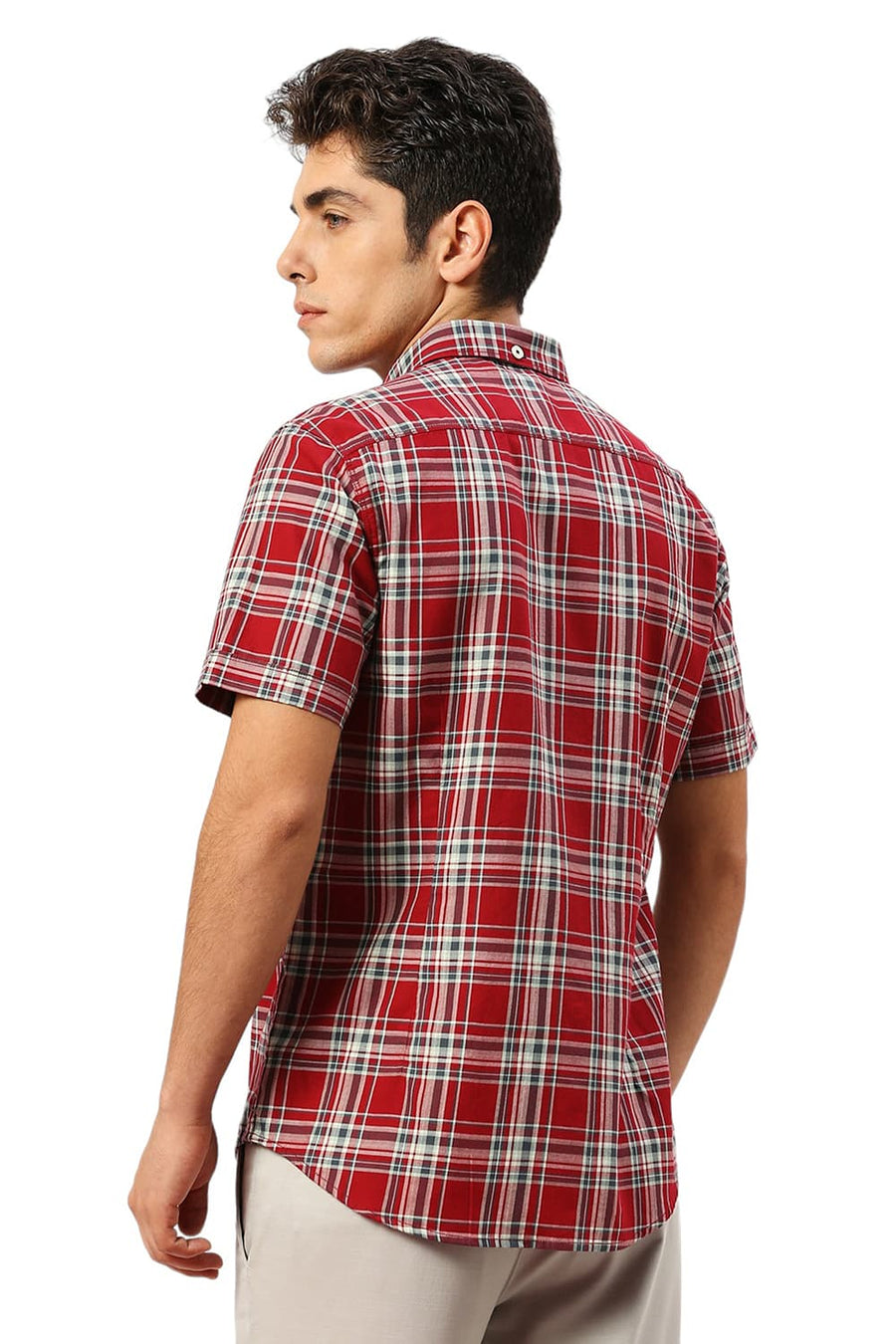 BASICS SLIM FIT KARANDA MAROON COTTON TWILL CHECKS HALFSLEEVES SHIRT