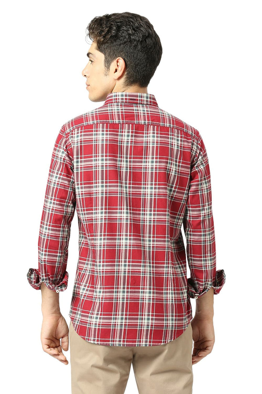 BASICS SLIM FIT KARANDA MAROON COTTON TWILL CHECKS SHIRT