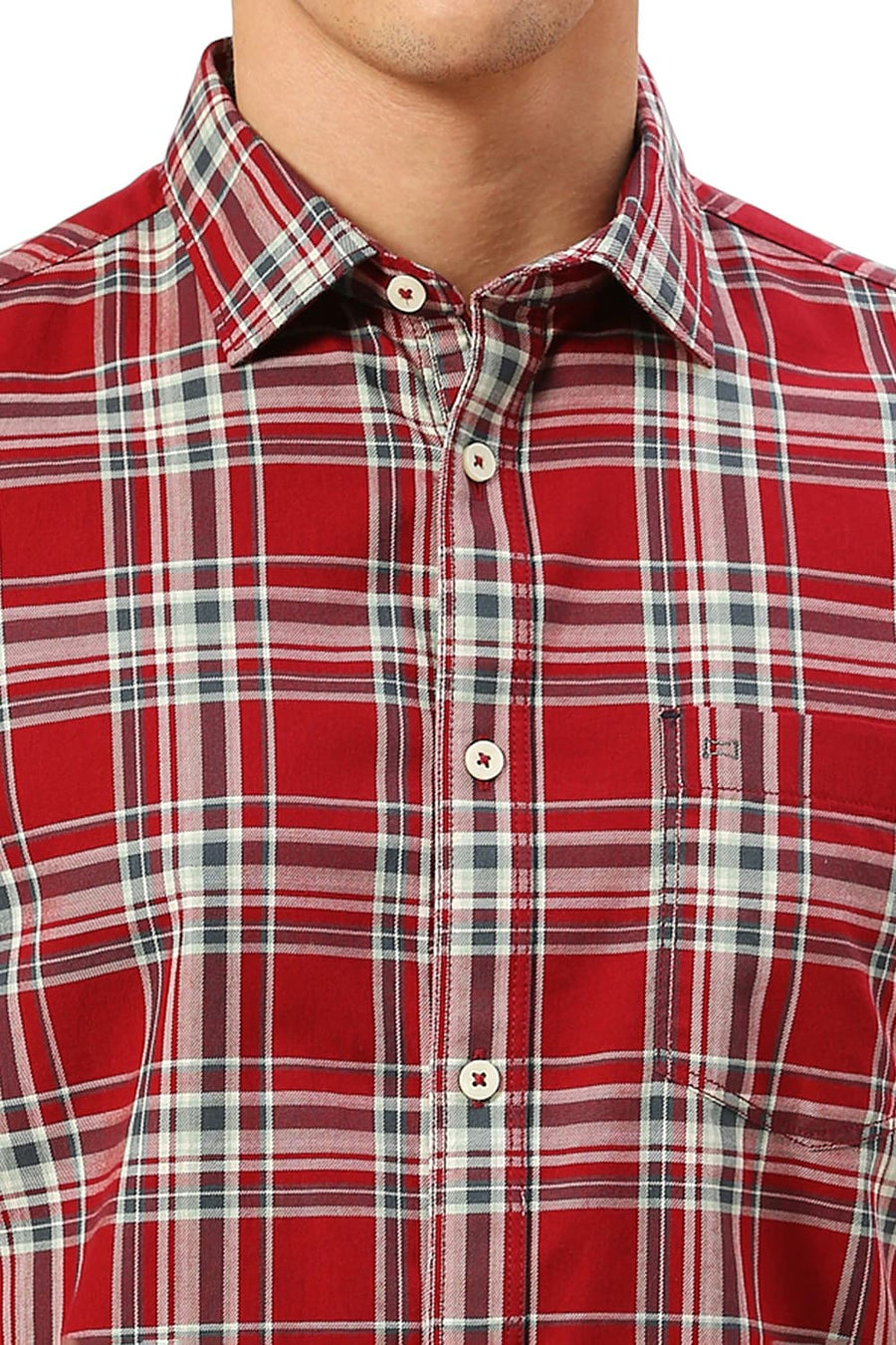 BASICS SLIM FIT KARANDA MAROON COTTON TWILL CHECKS HALFSLEEVES SHIRT