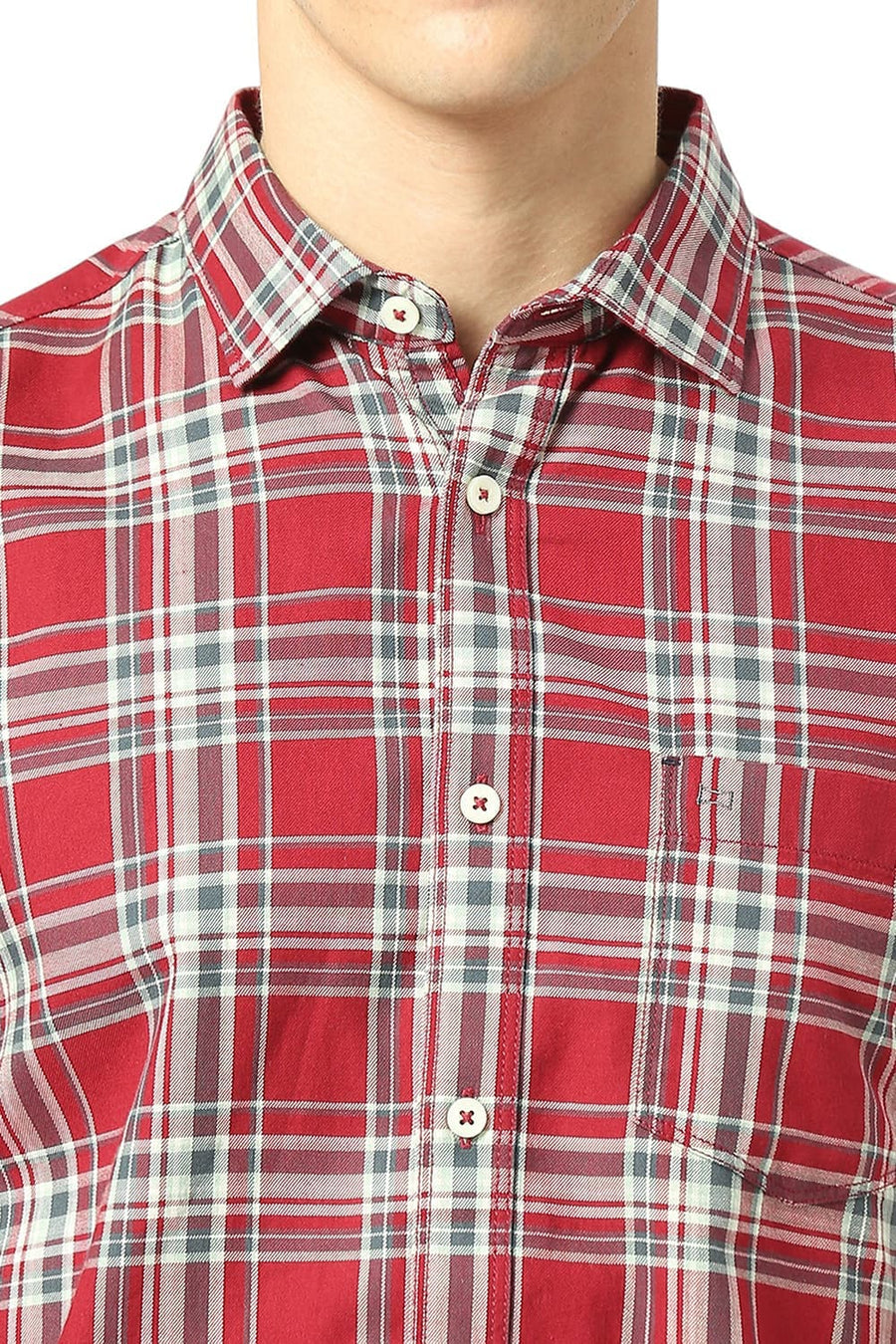 BASICS SLIM FIT KARANDA MAROON COTTON TWILL CHECKS SHIRT
