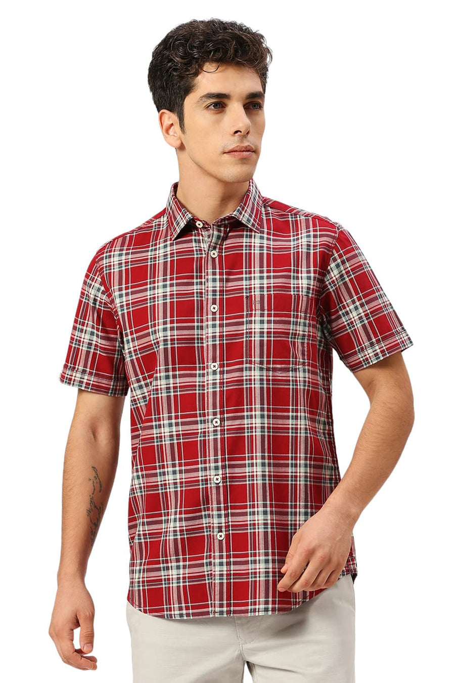 BASICS SLIM FIT KARANDA MAROON COTTON TWILL CHECKS HALFSLEEVES SHIRT