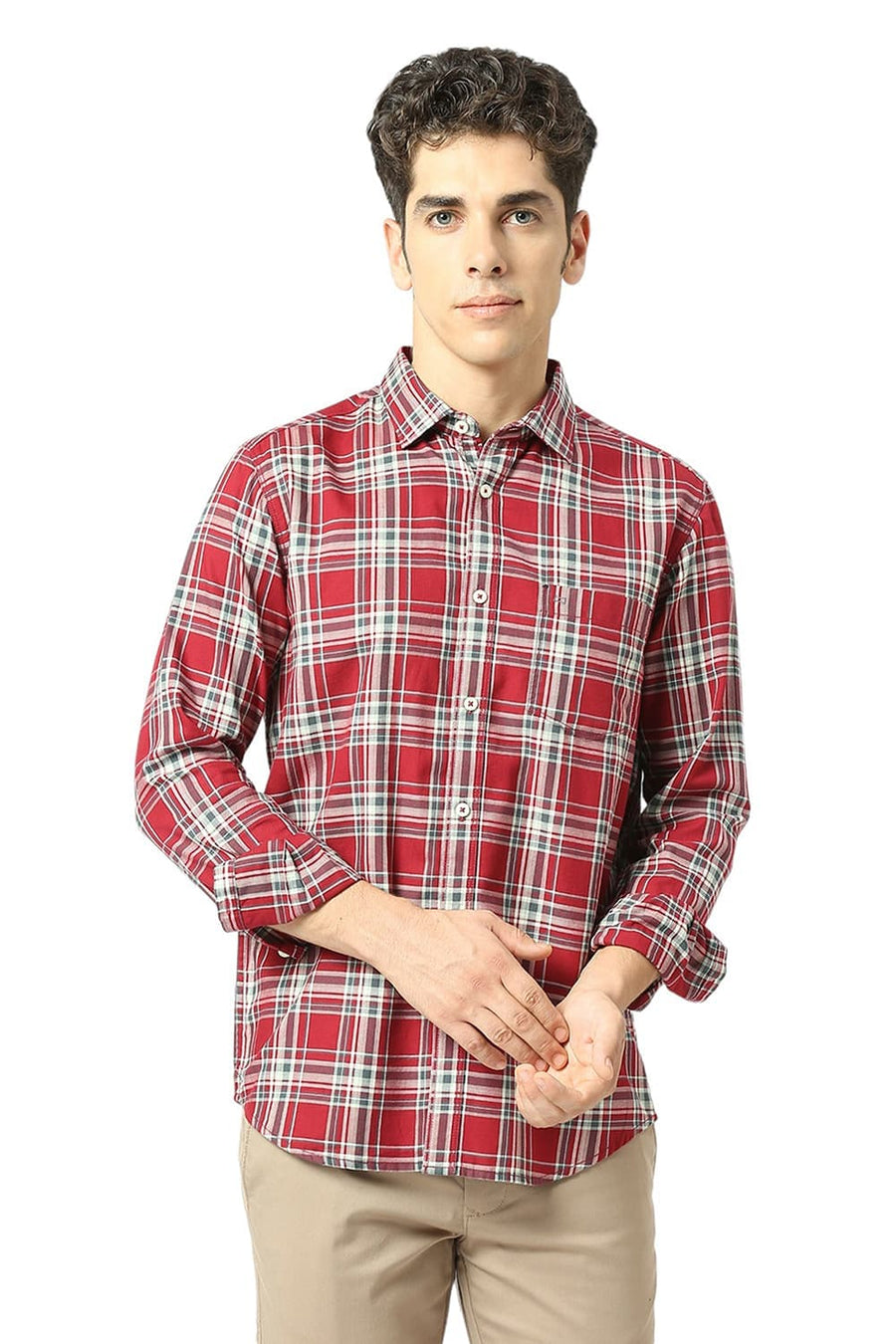 BASICS SLIM FIT KARANDA MAROON COTTON TWILL CHECKS SHIRT