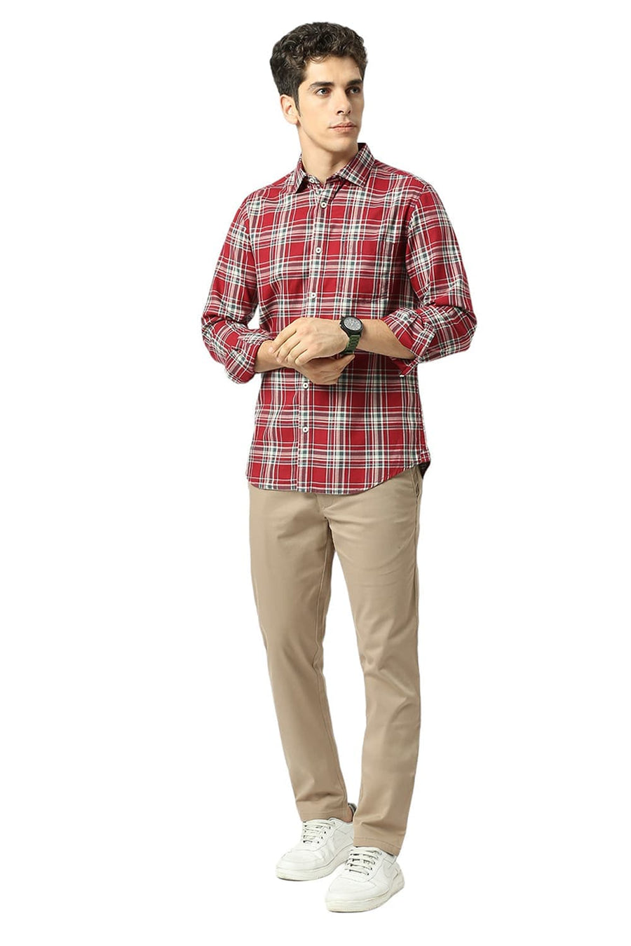 BASICS SLIM FIT KARANDA MAROON COTTON TWILL CHECKS SHIRT