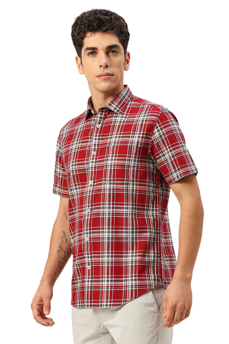 BASICS SLIM FIT KARANDA MAROON COTTON TWILL CHECKS HALFSLEEVES SHIRT