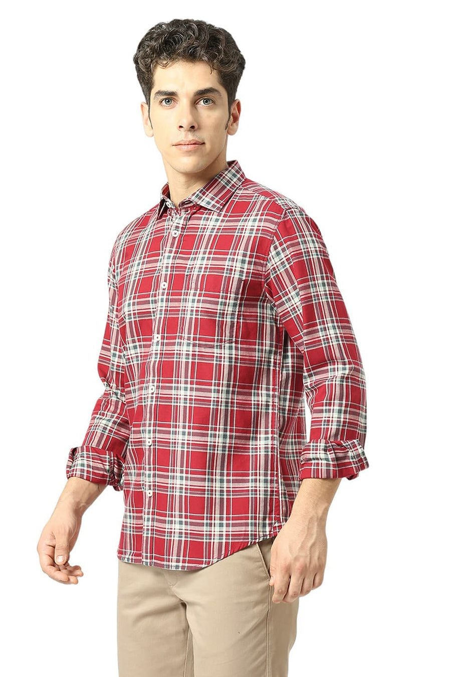 BASICS SLIM FIT KARANDA MAROON COTTON TWILL CHECKS SHIRT