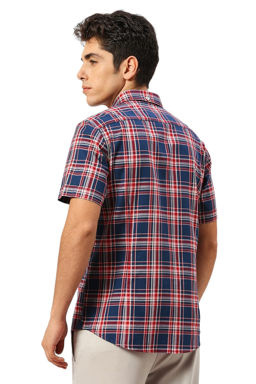 BASICS SLIM FIT NAVY SEA COTTON TWILL CHECKS HALFSLEEVES SHIRT