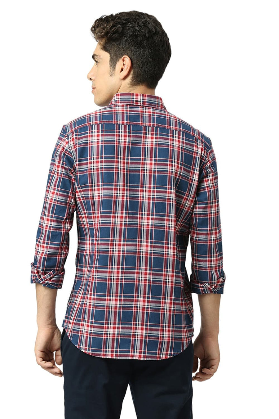 BASICS SLIM FIT NAVY SEA COTTON TWILL CHECKS SHIRT