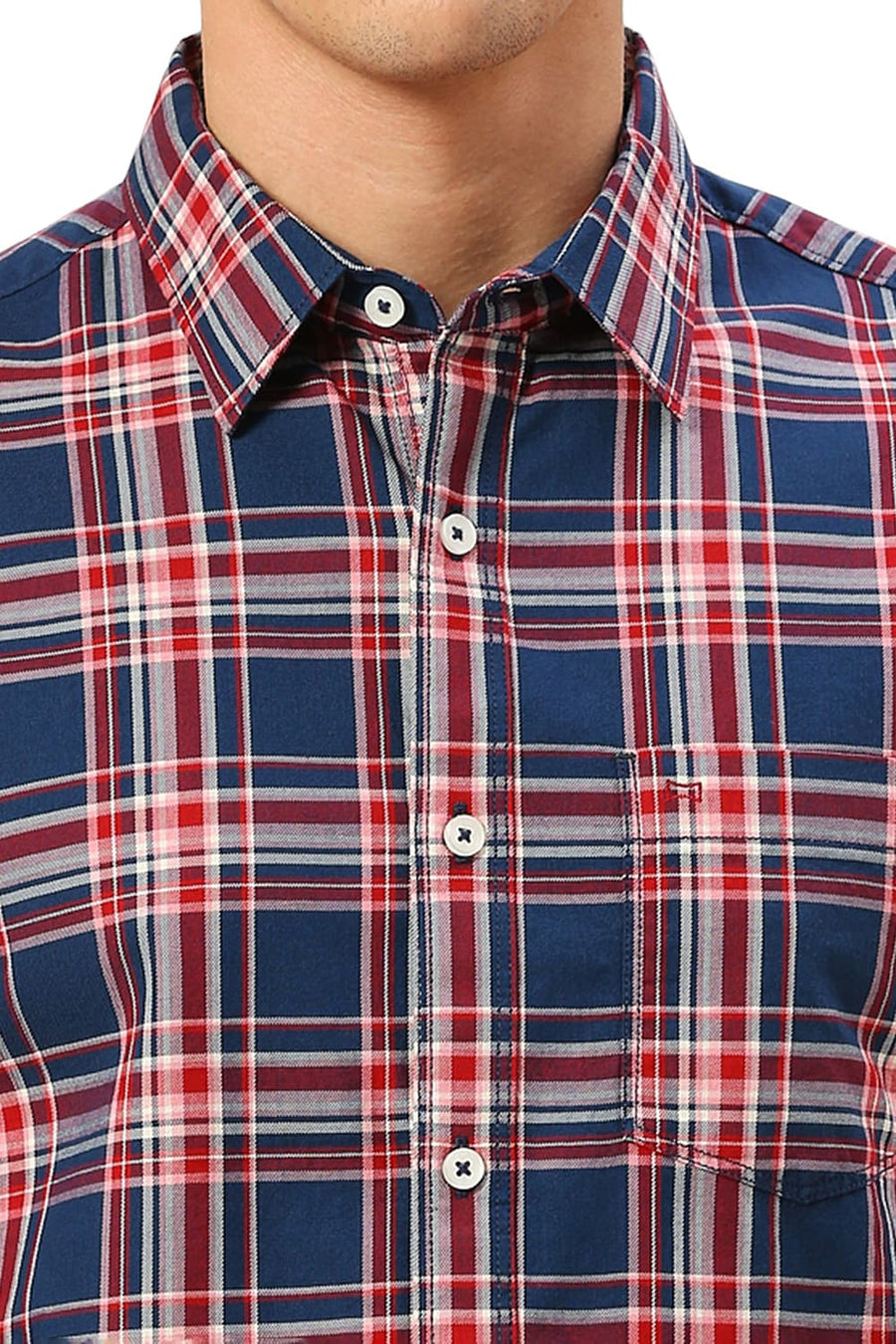 BASICS SLIM FIT NAVY SEA COTTON TWILL CHECKS HALFSLEEVES SHIRT
