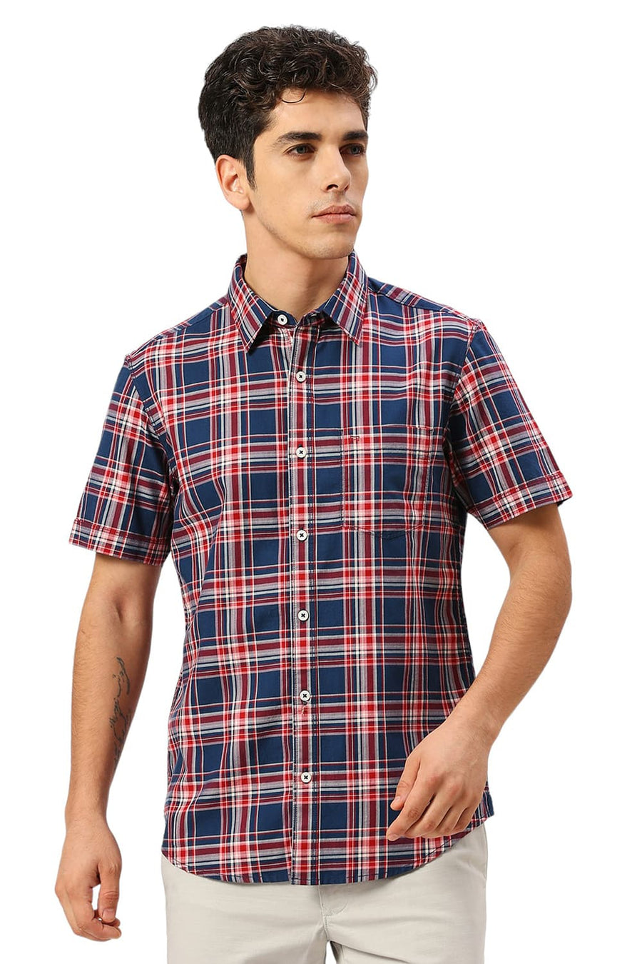 BASICS SLIM FIT NAVY SEA COTTON TWILL CHECKS HALFSLEEVES SHIRT