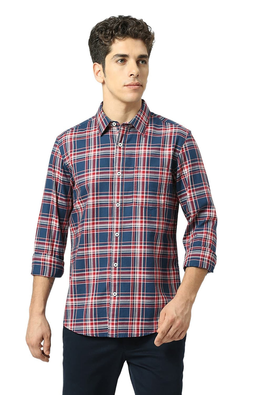 BASICS SLIM FIT NAVY SEA COTTON TWILL CHECKS SHIRT