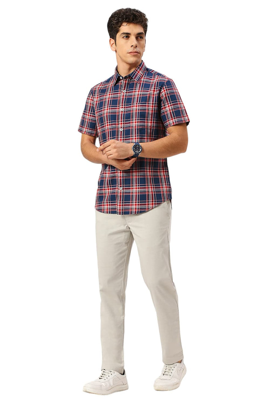 BASICS SLIM FIT NAVY SEA COTTON TWILL CHECKS HALFSLEEVES SHIRT
