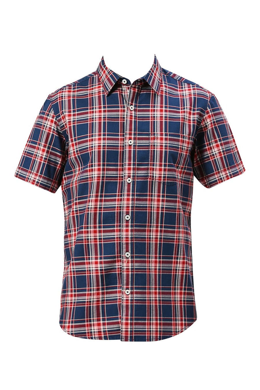 BASICS SLIM FIT NAVY SEA COTTON TWILL CHECKS HALFSLEEVES SHIRT