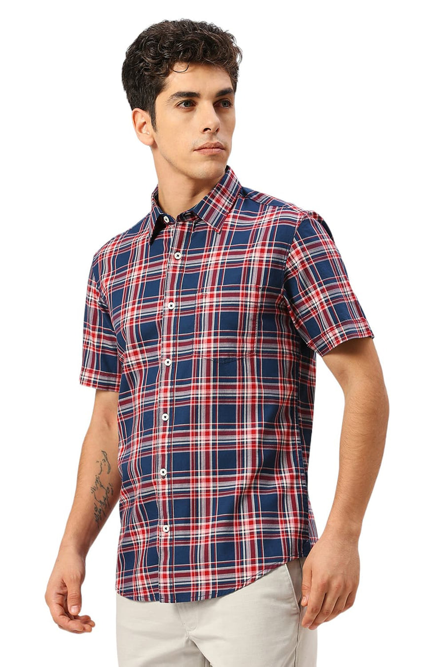 BASICS SLIM FIT NAVY SEA COTTON TWILL CHECKS HALFSLEEVES SHIRT