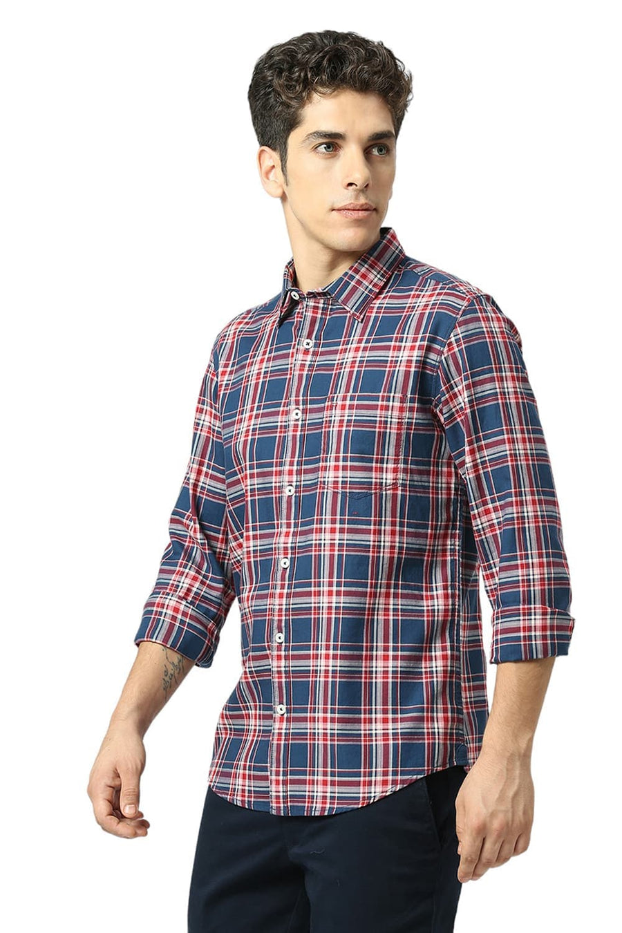 BASICS SLIM FIT NAVY SEA COTTON TWILL CHECKS SHIRT