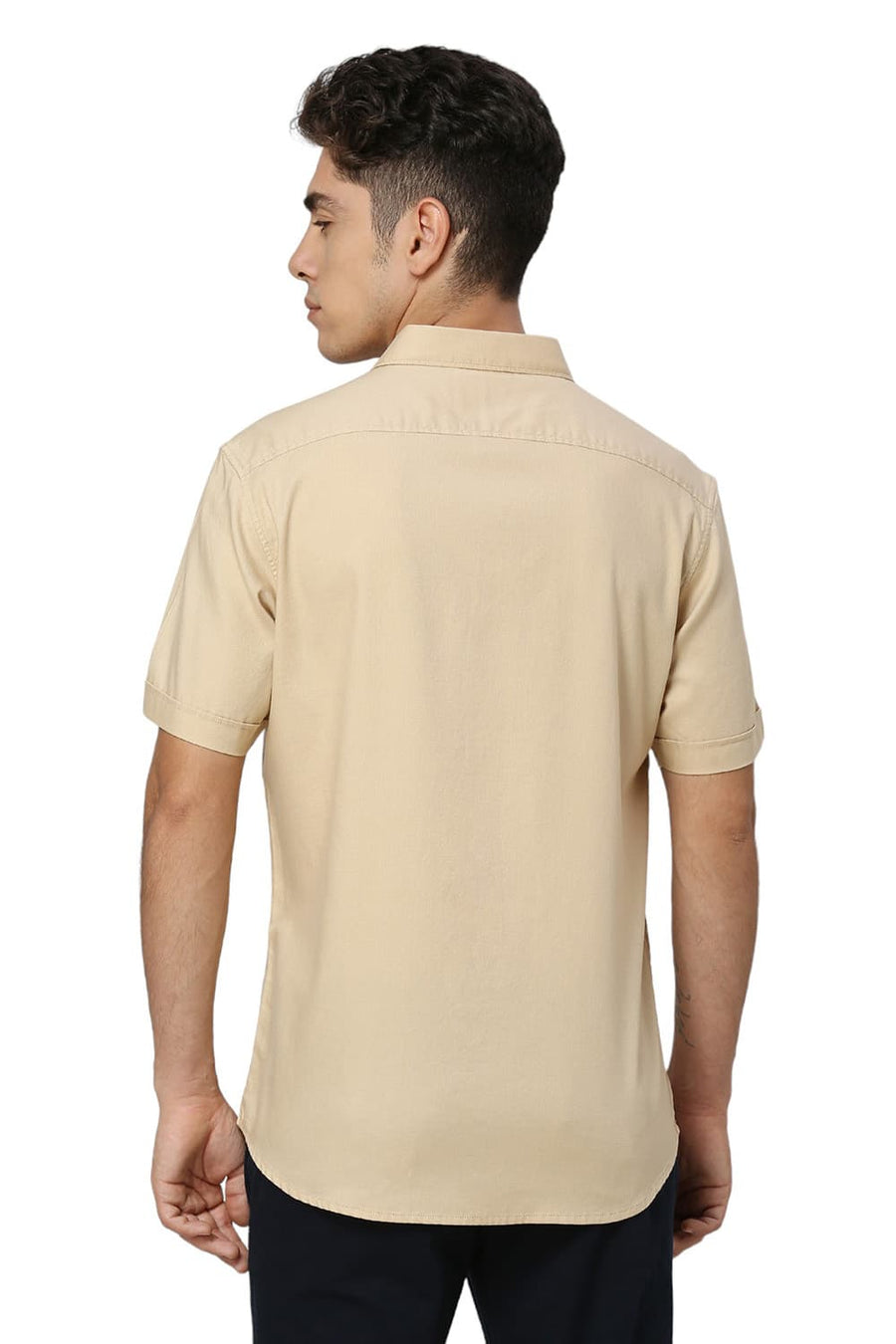BASICS SLIM FIT SAND BEIGE COTTON DOBBY HALFSLEEVES SHIRT