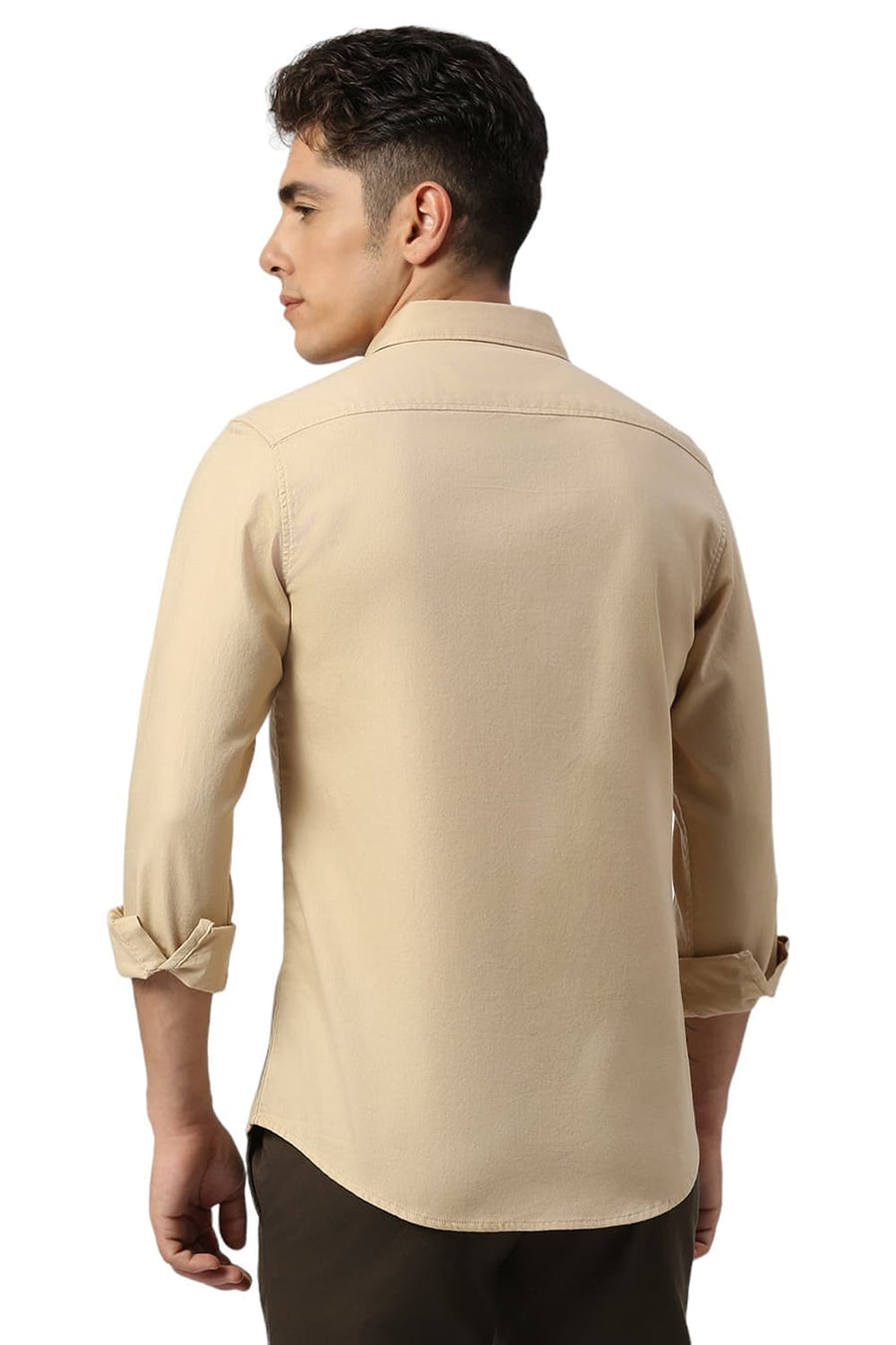 BASICS SLIM FIT SAND BEIGE COTTON DOBBY SHIRT