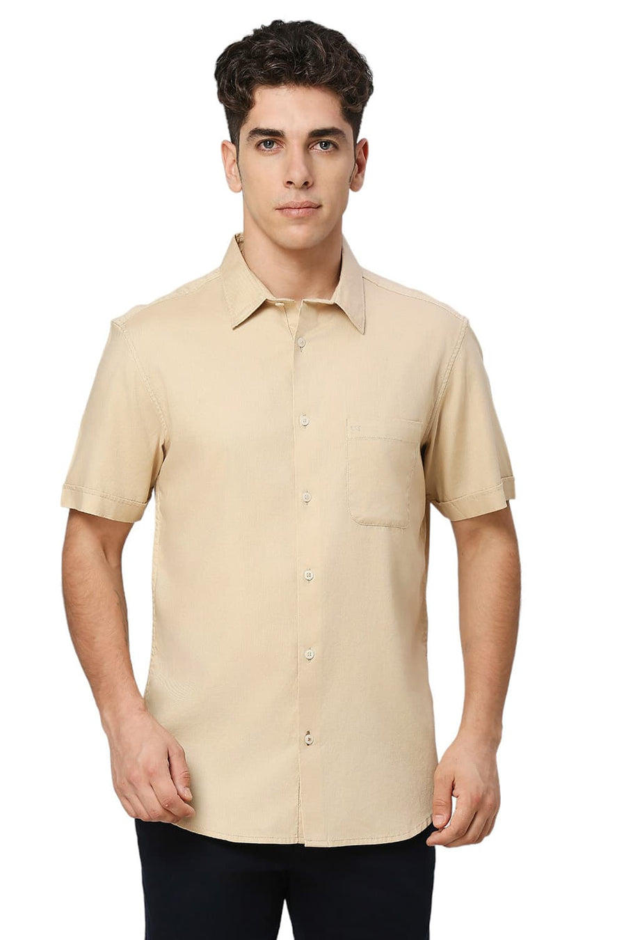 BASICS SLIM FIT SAND BEIGE COTTON DOBBY HALFSLEEVES SHIRT