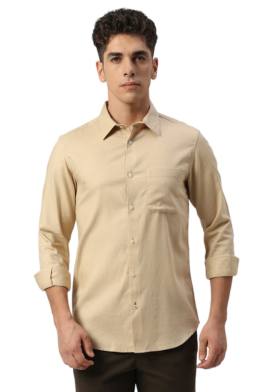 BASICS SLIM FIT SAND BEIGE COTTON DOBBY SHIRT