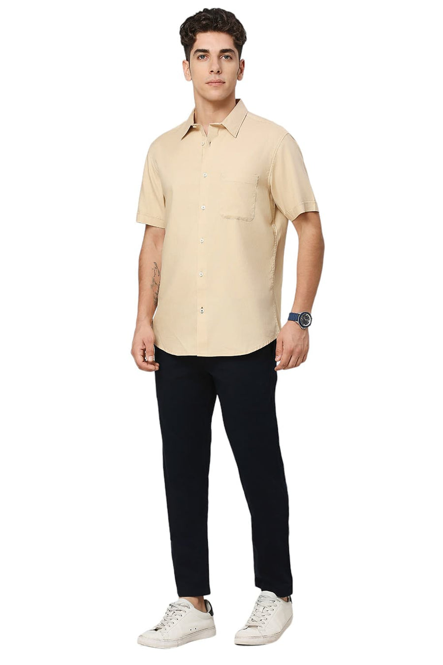 BASICS SLIM FIT SAND BEIGE COTTON DOBBY HALFSLEEVES SHIRT