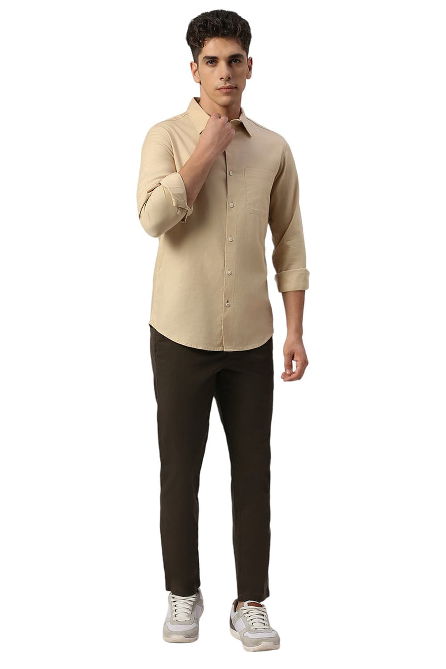 BASICS SLIM FIT SAND BEIGE COTTON DOBBY SHIRT